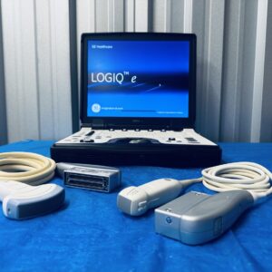 GE LOGIQ e R9 portable ultrasound with 3Sc-RS and C1-5-RS probes on blue background
